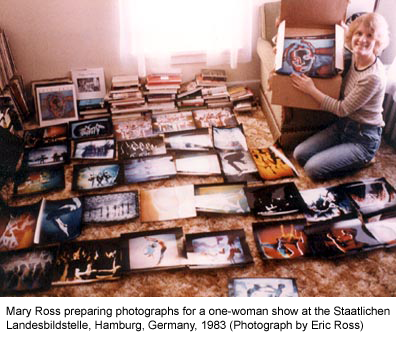 Mary Ross preparing photographs for a one-woman show at the Staatlichen
Landesbildstelle, Hamburg, Germany, 1983 (Photograph by Eric Ross)