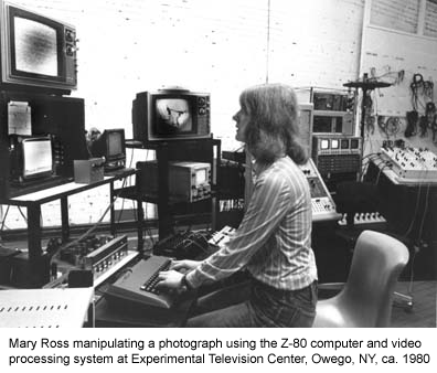 Mary Ross manipulating a photograph using the Z-80 computer
and video processing system at the Experimental Television Center, Owego, NY, ca. 1980